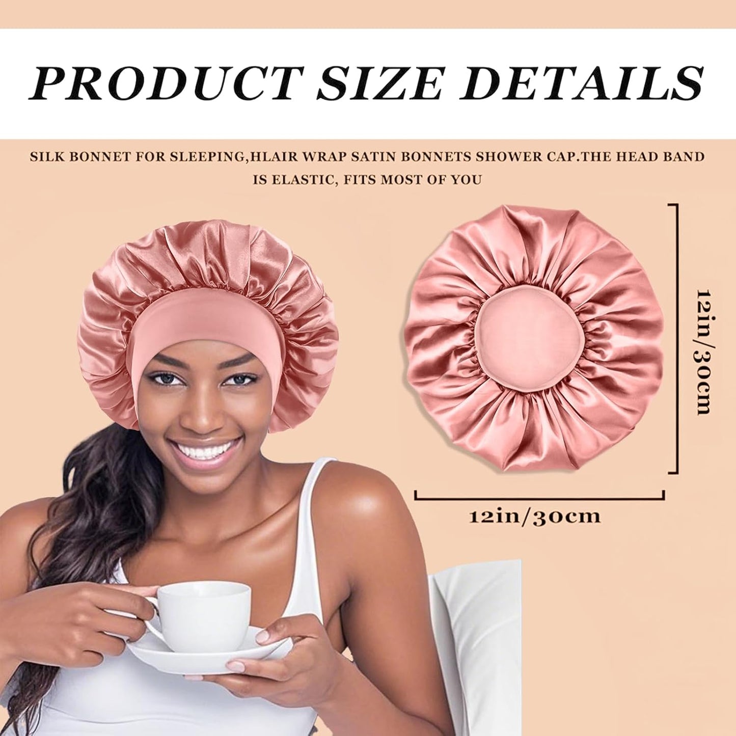 4PCS Silk Satin Bonnets for Black Women & Men - Elastic Wide Band Hair Wrap Cap for Curly Hair - Shower Cap for Sleeping (Black, Peacock Blue, Pink, Khaki)