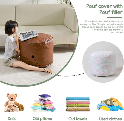 HIGOGOGO Round Stuffed Pouf Ottoman, Pu Leather Poufs with Foam Chunk Filling, Furry and Fluffy Pouf Foot Stool Storage Ottoman, 20 X 15 Floor Poufs Foot Rest for Living Room,Dark Brown