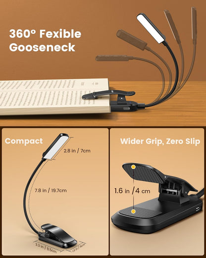 Glocusent 13 LED Reading Lights for Books in Bed, Eye-Caring Rechargeable Book Light 3 Amber Colors & Stepless Dimming, 120 Hrs Runtime, Travel Clip on Reading Lamp, Gifts for Book Lover Men Women Kid