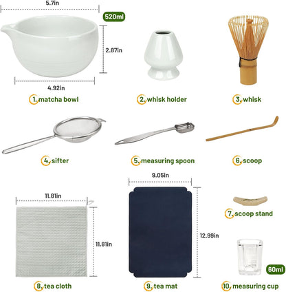 Joiish Matcha Whisk Set, Matcha Kit 10-Pcs, Bamboo Whisk and Ceramic Bowl with Spout & Measuring Spoon & Cup, Japanese Ceremony Matcha Tea Powder Making Tools, Light Green