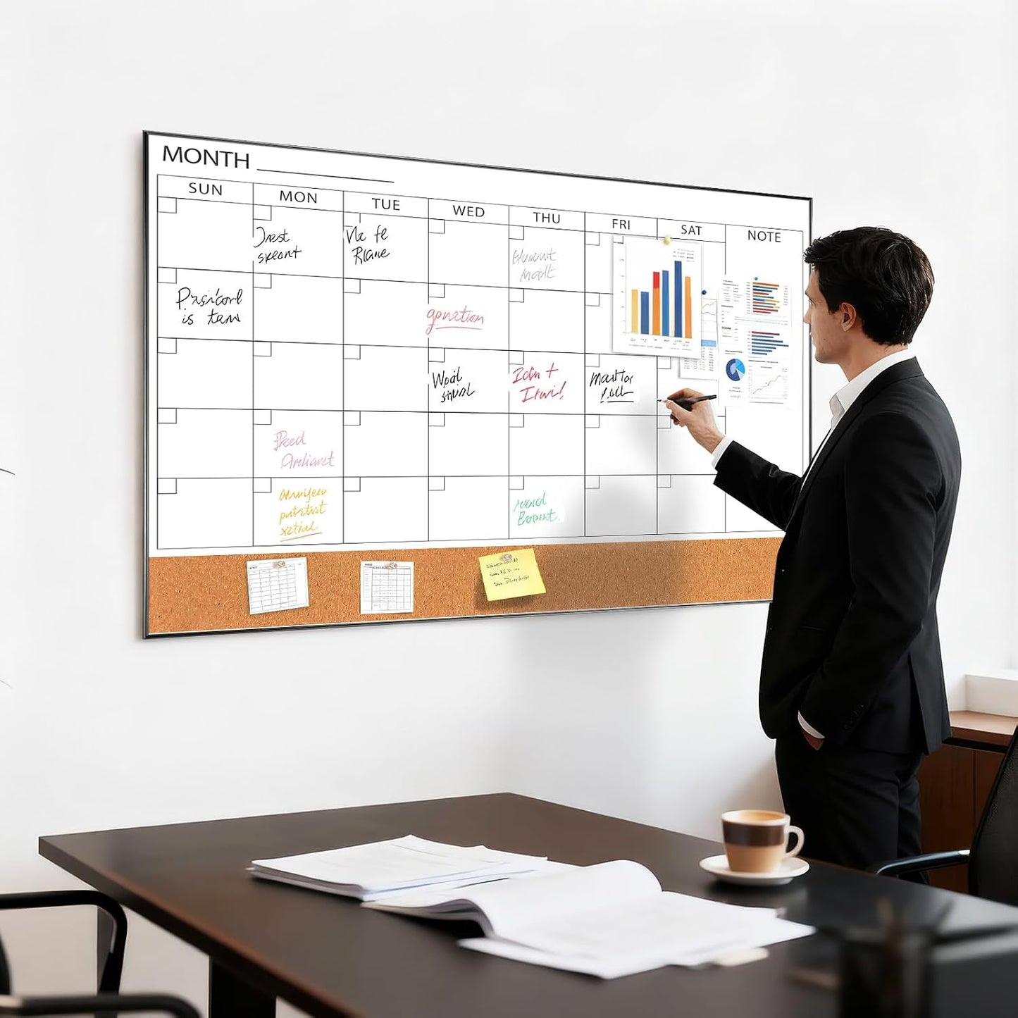 ARCOBIS Dry Erase Calendar with Cork Board for Wall, 24"x 18" Magnetic Calendar Whiteboard with Black Frame, Monthly Combination Board for School, Home, Office