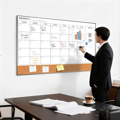 ARCOBIS Dry Erase Calendar with Cork Board for Wall, 24"x 18" Magnetic Calendar Whiteboard with Black Frame, Monthly Combination Board for School, Home, Office
