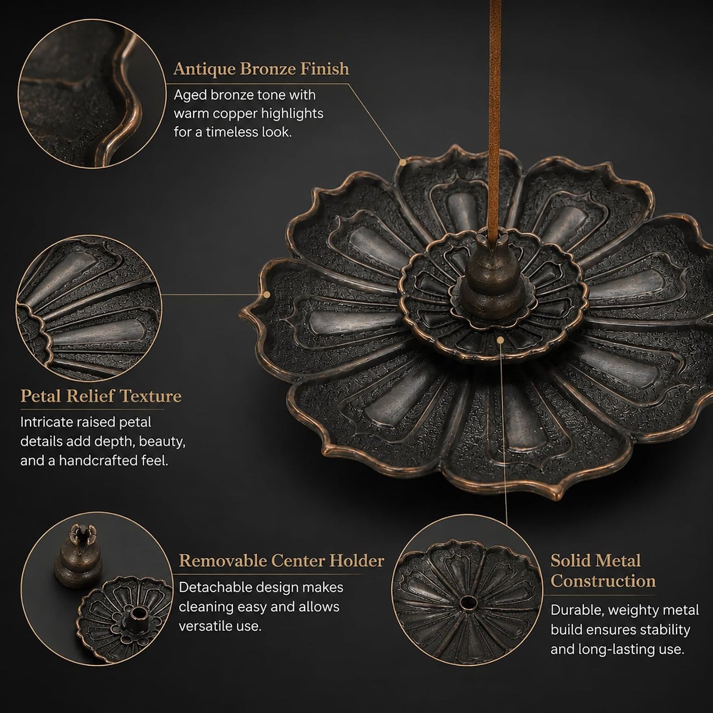 Incense Holder for Sticks, 3-in-1 Lotus and Gourd Incense Burner with Detachable Ash Catcher, Spiritual Japanese Decor for Yoga and Meditation
