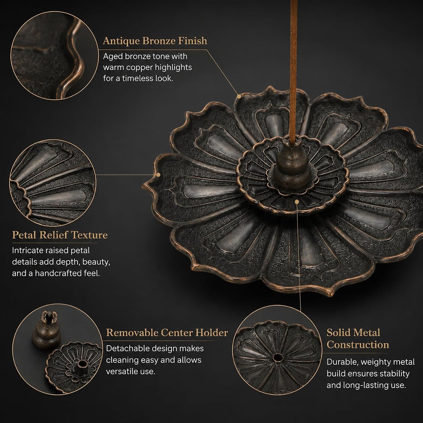 Incense Holder for Sticks, 3-in-1 Lotus and Gourd Incense Burner with Detachable Ash Catcher, Spiritual Japanese Decor for Yoga and Meditation