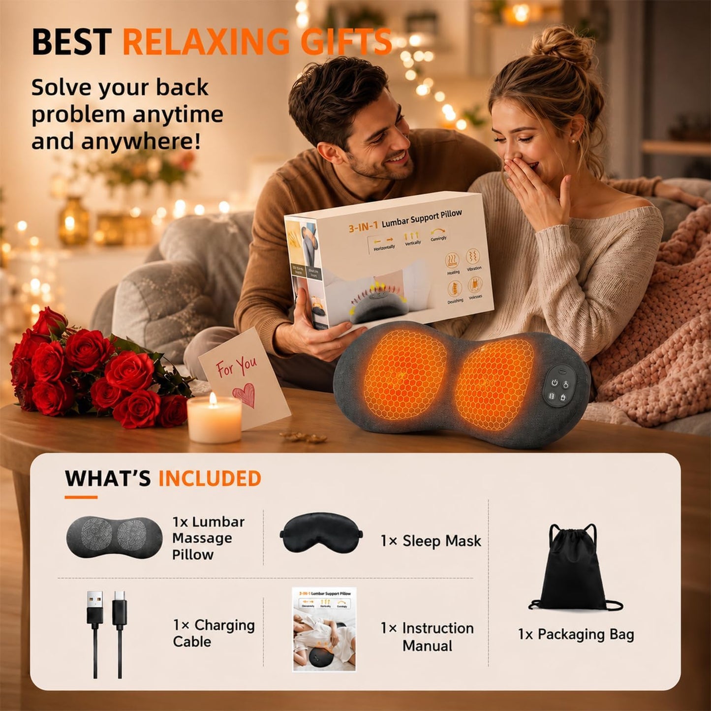 Upgraded Cordless Lumbar Support Pillow for Pain Relief Deep Tissue, 3-in-1 Heated Lower Back Massager Pillow with 3000mAh Battery, Heat, Massage, Electric Stretch, Back Support Pillow for Chair Car