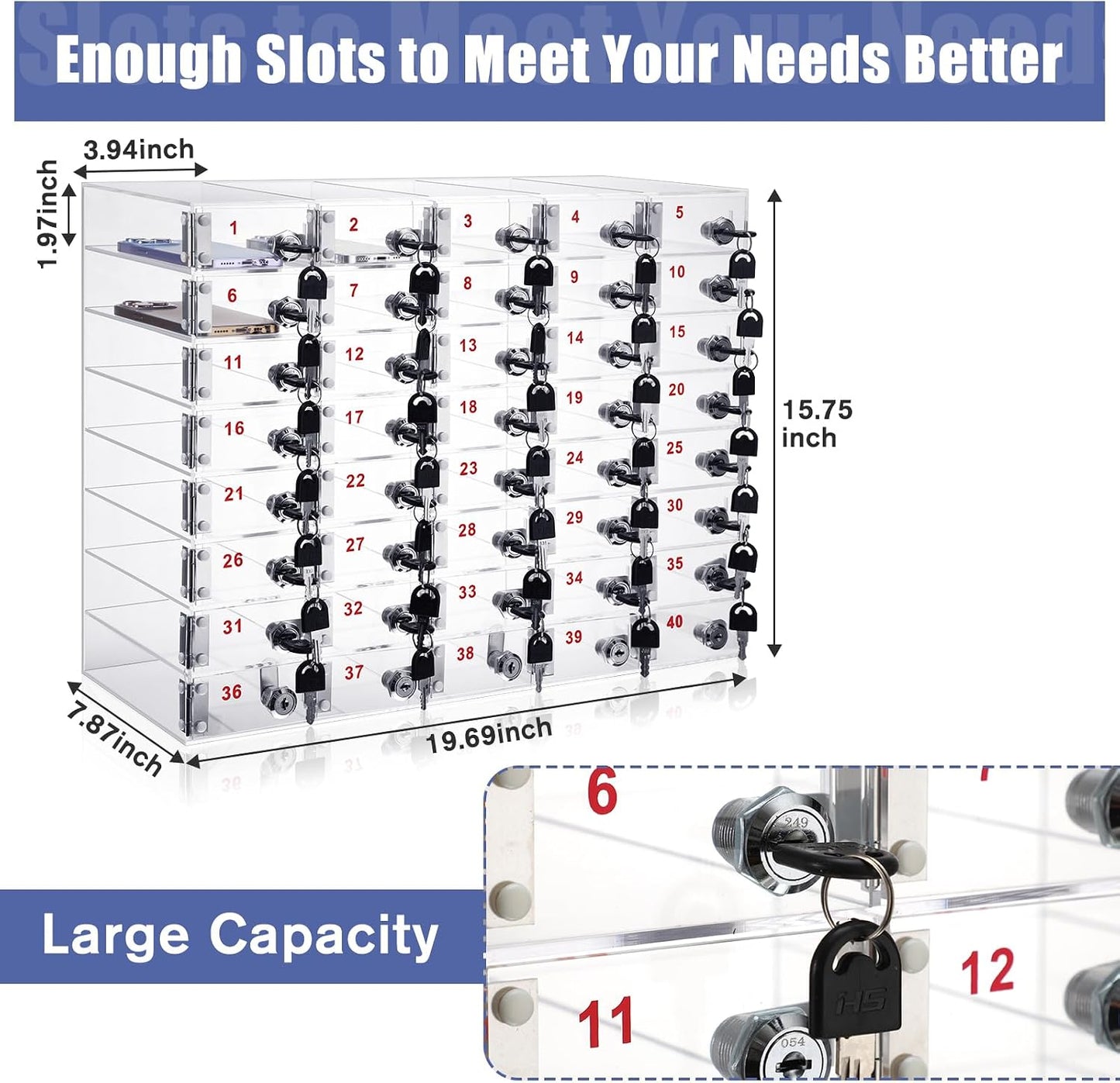 Layhit 20 Slots Cell Phone Locker Box for Classroom Clear Acrylic Cell Phone Storage Cabinet Bin with Door Locks for Classroom School Students Office Factory Employees