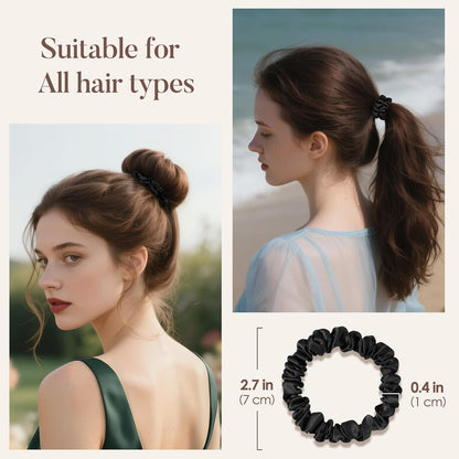 LULUSILK Small Silk Hair Ties No Damage, 100% Real Mulberry Silk, Skinny Scrunchies Ponytail Holders for Thin Fine Hair, Brown, Pack of 3