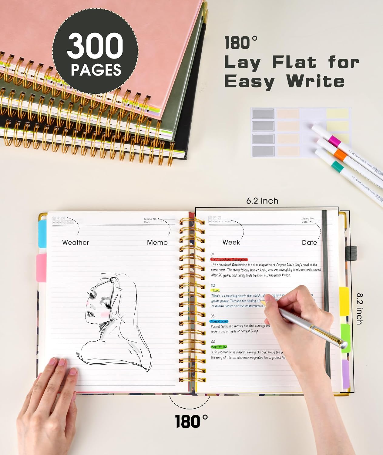Hardcover Spiral Notebook journal with Removable Dividers Tabs, 300 Pages Leather 5 Subject Notebook College Ruled, 8"x10" Large B5 Notebooks for Work School Note taking, Lined Journal for Women,Black