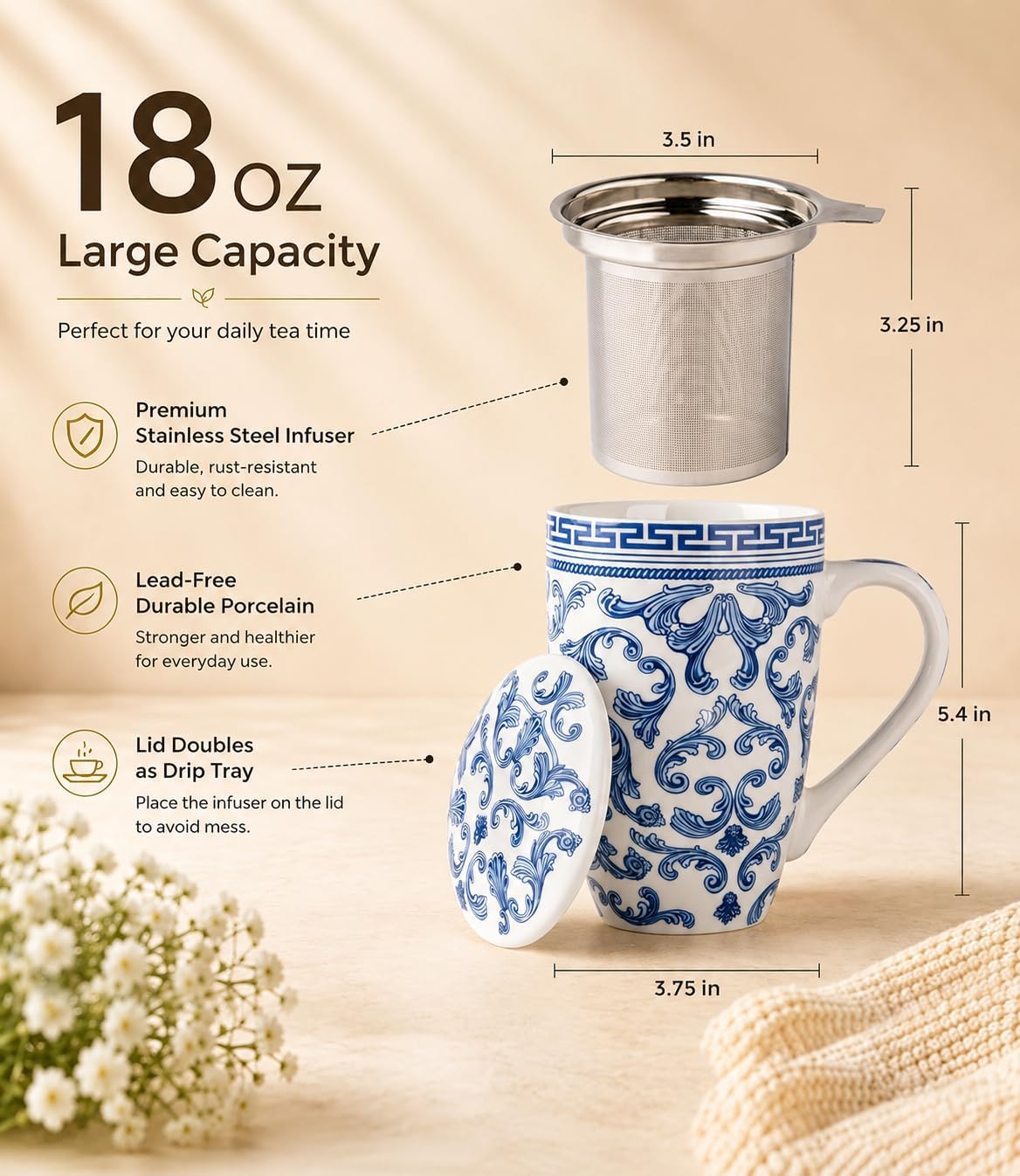 AmorArc 18oz Porcelain Tea Mug with Infuser & Lid, Loose Leaf Tea Cup with Stainless Steel Strainer, Large Coffee Mug Gift for Women, Tea Lovers, Home & Office