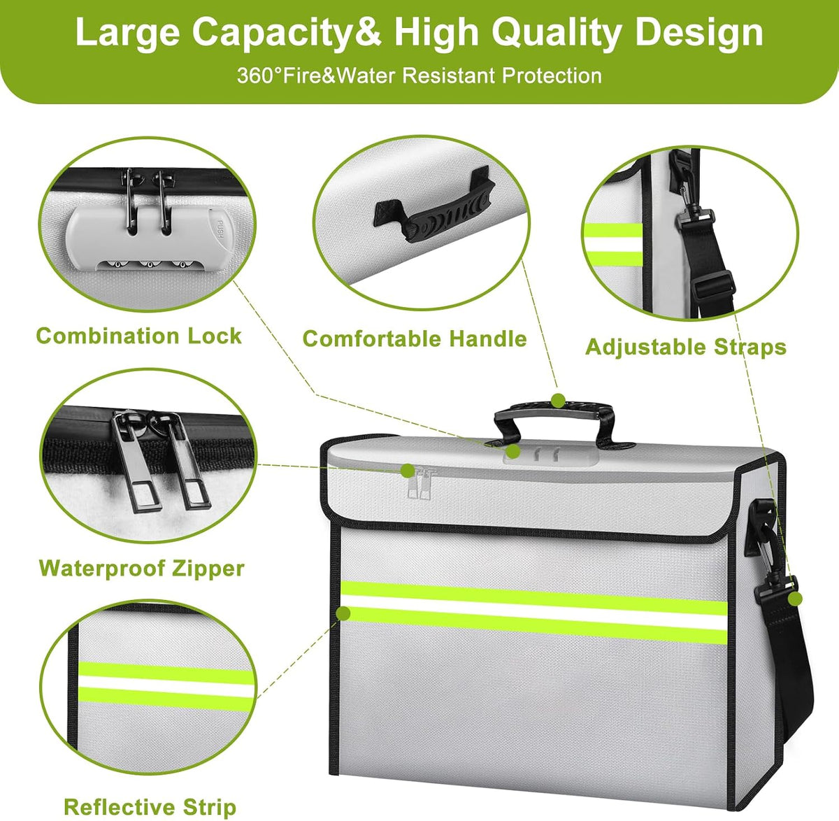 6500°F Fireproof Document Bag with Lock-Fireproof Box with 10 Layers Insulation Materials&Waterproof Zipper,Removable Wallet,Reflective Strip for Cash,Documents,Jewelry(14.2”x 9.6”x 4.1”)