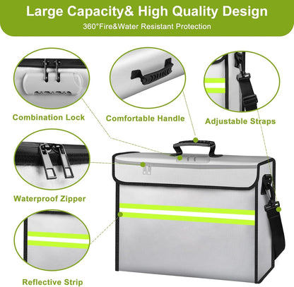 6500°F Fireproof Document Bag with Lock-Fireproof Box with 10 Layers Insulation Materials&Waterproof Zipper,Removable Wallet,Reflective Strip for Cash,Documents,Jewelry(14.2”x 9.6”x 4.1”)