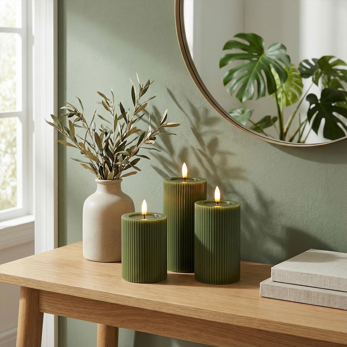 Ribbed Fluted Real Wax Flameless LED Pillar Candles, Loden Sage Olive Green, Melted-Wax Top Look, Flickering Flame, Battery Operated, Remote & Timer, Shelf & Wedding Decor (Set of 3)
