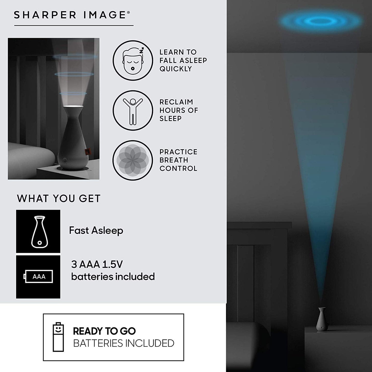 SHARPER IMAGE Fast Asleep Sleep Aid Device with Dimmable LED Light, Travel-Friendly Meditation and Relaxation Tool, Manage Stress and Get Relief, Unwind Before Bed with Breathing Techniques