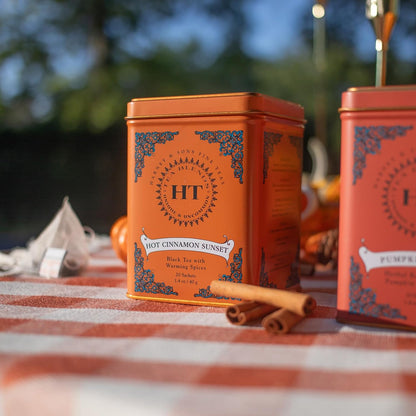 Harney and Sons Caffeinated Hot Cinnamon Sunset Black Tea with Orange and Cloves Tin 20 Sachets, Black Tea with Warming Spices (Pack of 1)