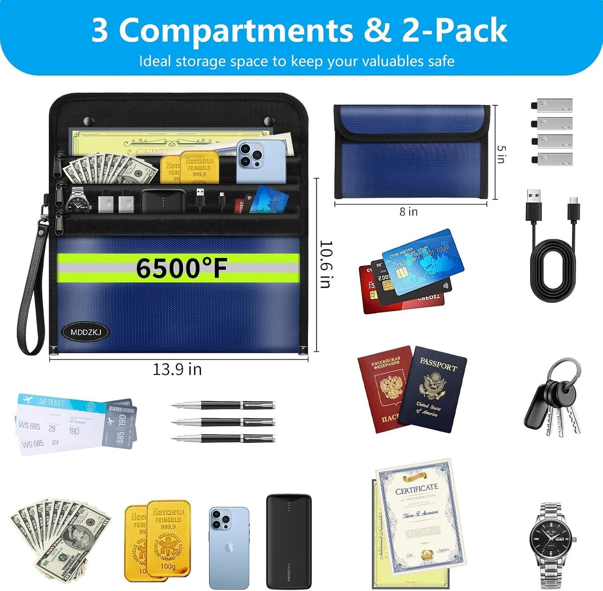 6500℉ Upgraded Fireproof Cash Bag (11.2x7.7 inch) with 2 Pockets,Small Fireproof Safe with 2 Zipper,Storage Cash,Legal Documents Safe,10 Layers of Heat Insulated Materials(2 Pack)