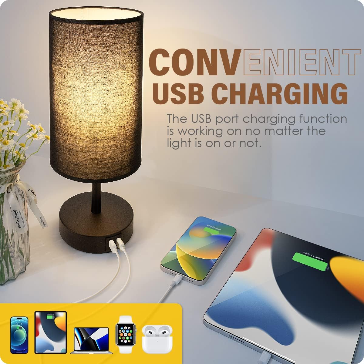 Yarra-Decor Bedside Lamps with USB Port - Touch Control Table Lamp for Bedroom Wood 3 Way Dimmable Nightstand Lamp Set of 2 with Round Flaxen Fabric Shade for Living Room, Dorm, Home Office (2 Pack)