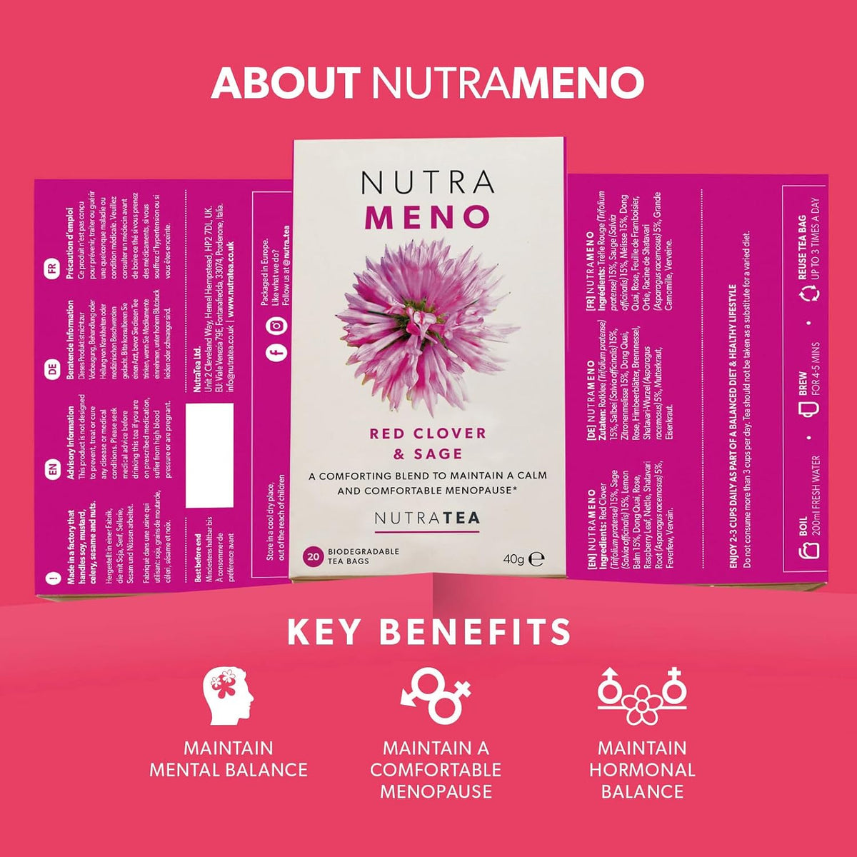 Nutra Tea NutraMeno - Menopause Tea, Red Clover Tea - Perimenopause & Menopause Relief For Women - Includes Red Clover, Sage & Rose - 20 Individually Wrapped Bags - Herbal Infusion (1 Pack)