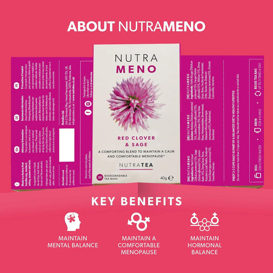 Nutra Tea NutraMeno - Menopause Tea, Red Clover Tea - Perimenopause & Menopause Relief For Women - Includes Red Clover, Sage & Rose - 20 Individually Wrapped Bags - Herbal Infusion (1 Pack)