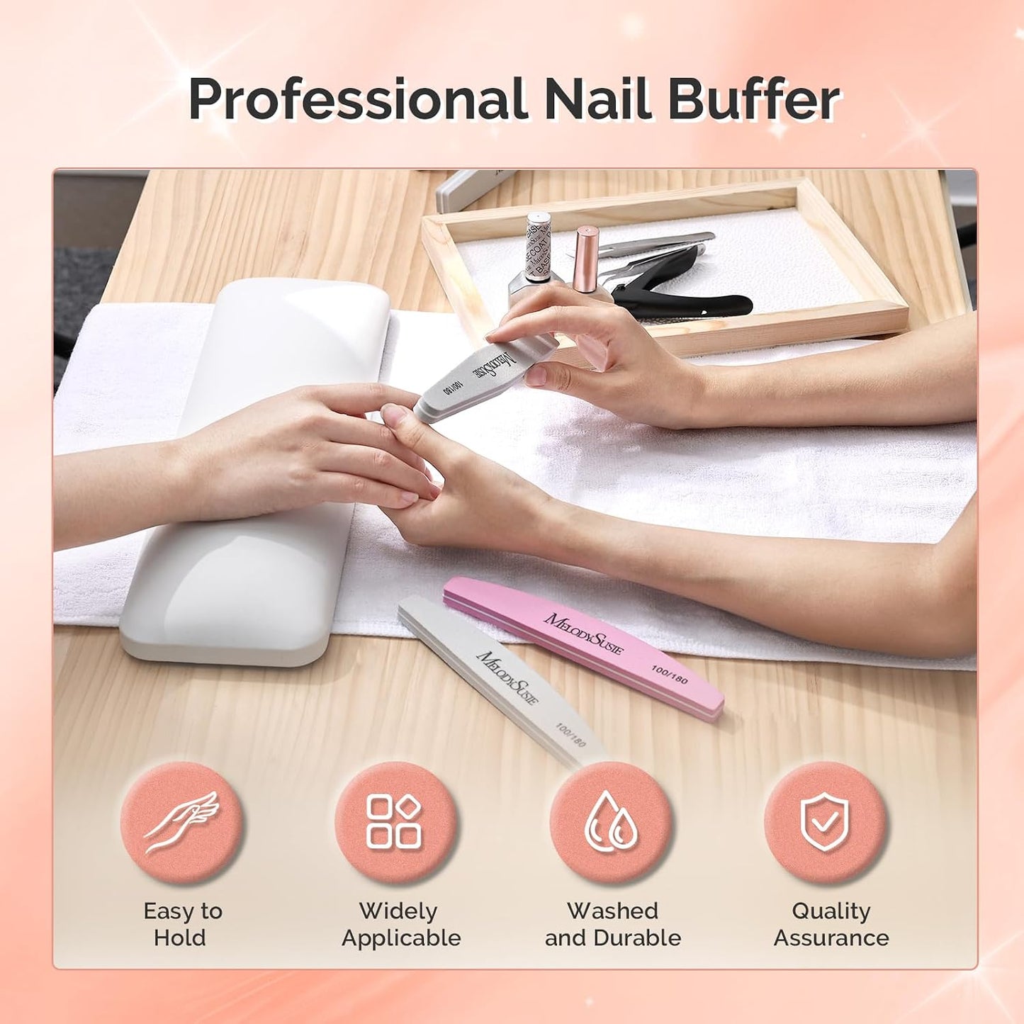 MelodySusie 16Pcs Professional Nail Buffer Kit,Nail Files and Buffers,Nail Buffer Block,Nail Brush, Nail File Buffers Kit for Natural Nails,DIY,Home Use,Salon（100/180 Grit）