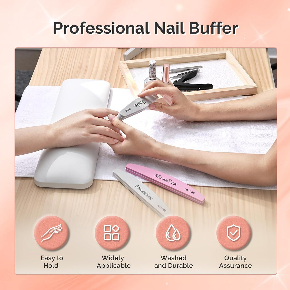 MelodySusie 16Pcs Professional Nail Buffer Kit,Nail Files and Buffers,Nail Buffer Block,Nail Brush, Nail File Buffers Kit for Natural Nails,DIY,Home Use,Salon（100/180 Grit）