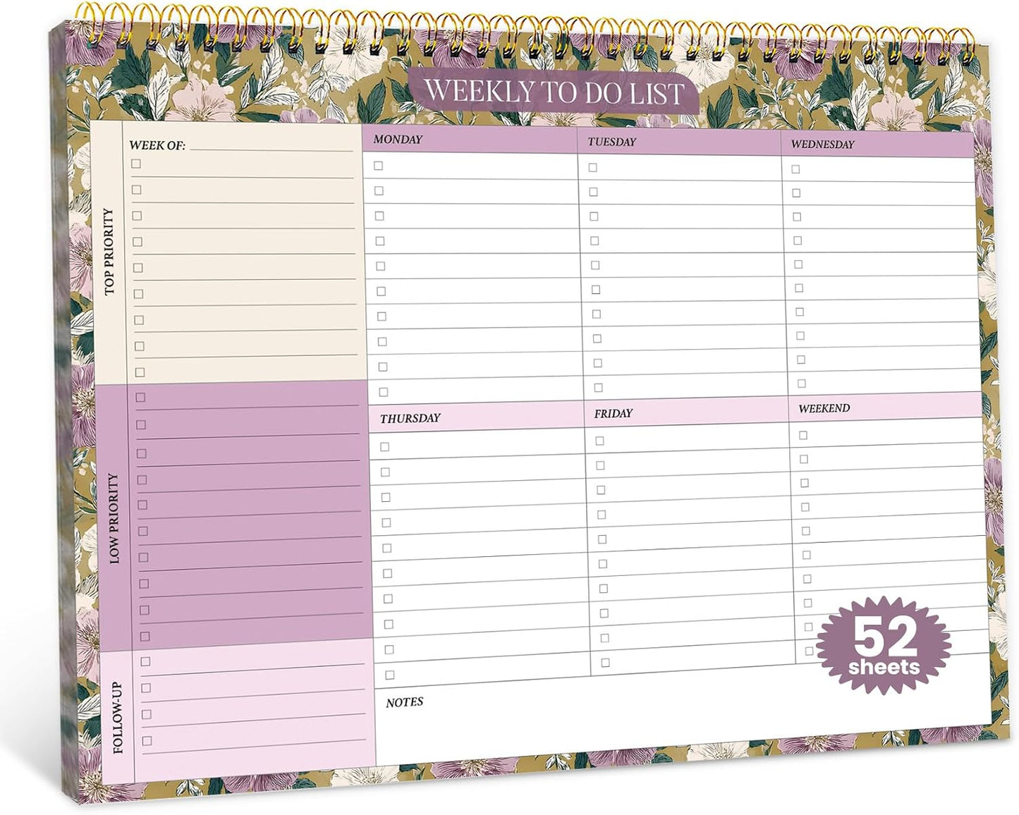 Weekly To Do List Notepad with 52 Undated Sheets（8.5"×11"）- Undated Weekly Planner Notepad for Office Desk Accessories and Supplies - Sunshine Petal