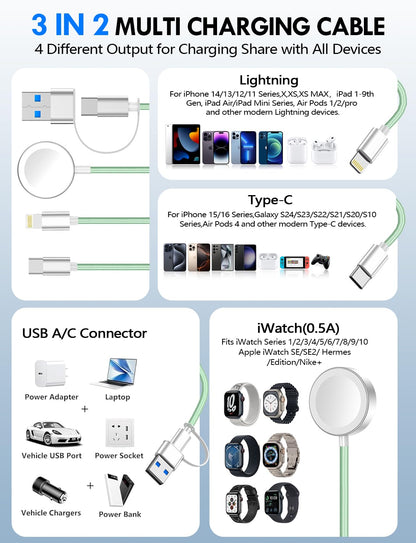 Travel Essentials for Apple Watch Charger,3-in-2 Multi Charging Cable