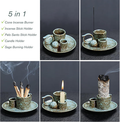 4 in 1 Ceramic Incense Burner Holder with Handle for Burning Sage, Palo Santo Stick, Joss Sticks, Candle in Your New House, Office, Yoga, Meditation Room (Speckled Blue)