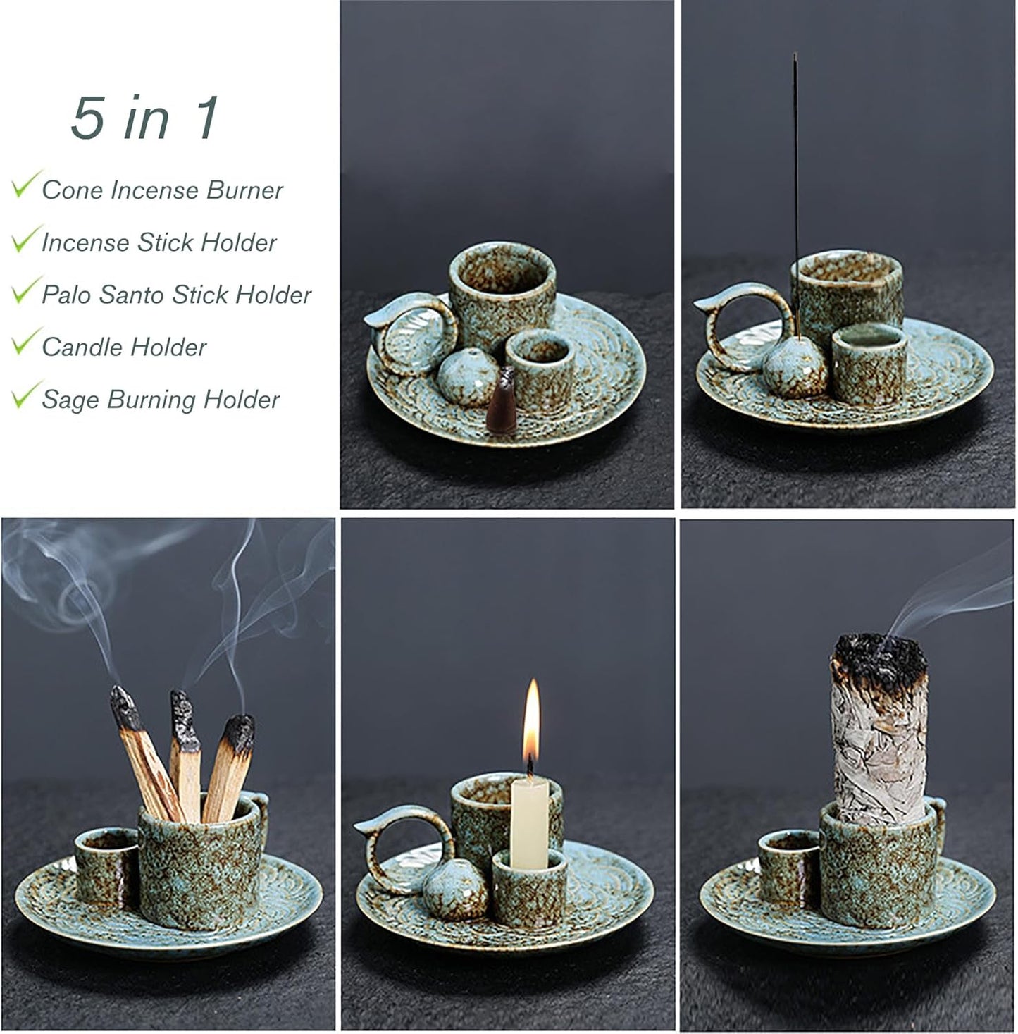 4 in 1 Ceramic Incense Burner Holder with Handle for Burning Sage, Palo Santo Stick, Joss Sticks, Candle in Your New House, Office, Yoga, Meditation Room (Speckled Blue)