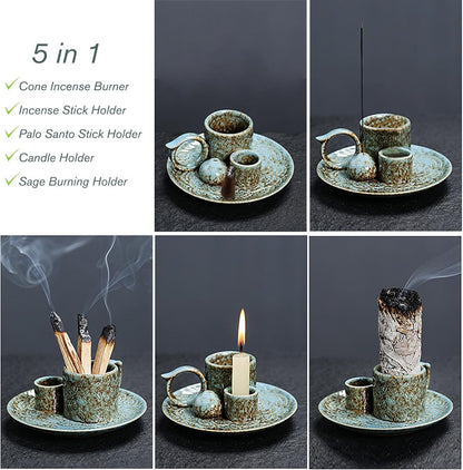 4 in 1 Ceramic Incense Burner Holder with Handle for Burning Sage, Palo Santo Stick, Joss Sticks, Candle in Your New House, Office, Yoga, Meditation Room (Speckled Blue)