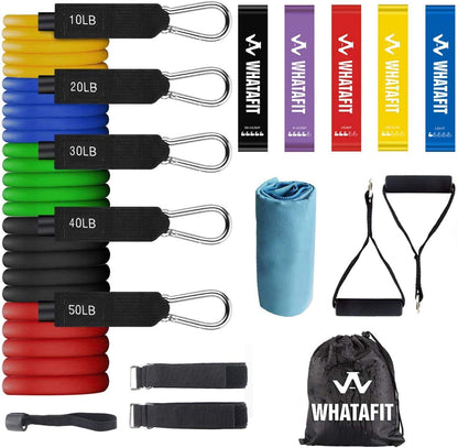 WHATAFIT Resistance Bands, Exercise Bands, Workout Bands with Handles, Door Anchor and Ankle Straps, 5 Resistance Levels Fitness Bands for Strength Training, Physical Therapy, and Home Gym Equipment