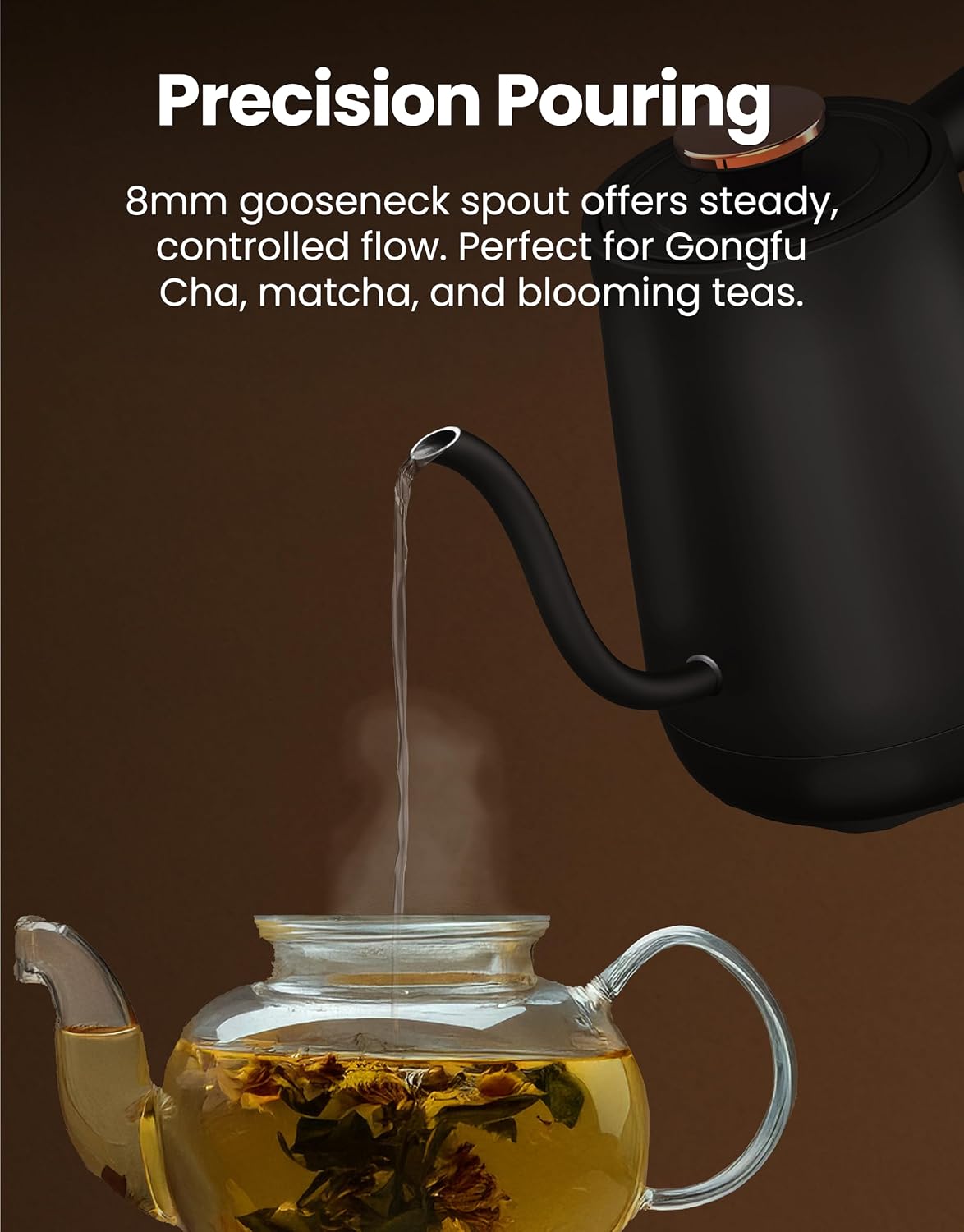 Viante Alba Electric Tea Kettle with Infuser, No Plastic In Contact With Water, 1.5L Borosilicate Glass, 304 Stainless Steel, 4 Temperature Presets, Keep Warm, Cordless, Auto Shut-Off