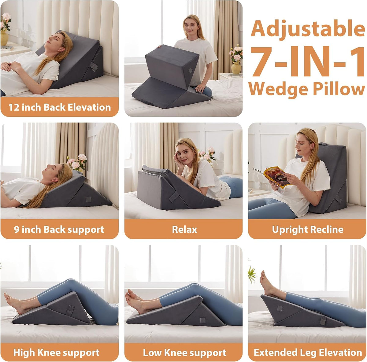 BIEEZZK Wedge Pillow Set for After Surgery, Wedge Pillow for Acid Reflux, Bed Wedge Pillow with Adjustable 9&12inch for Headboard,Sleeping, Orthopedic Memory Foam for Neck&Back Support, White/Grey