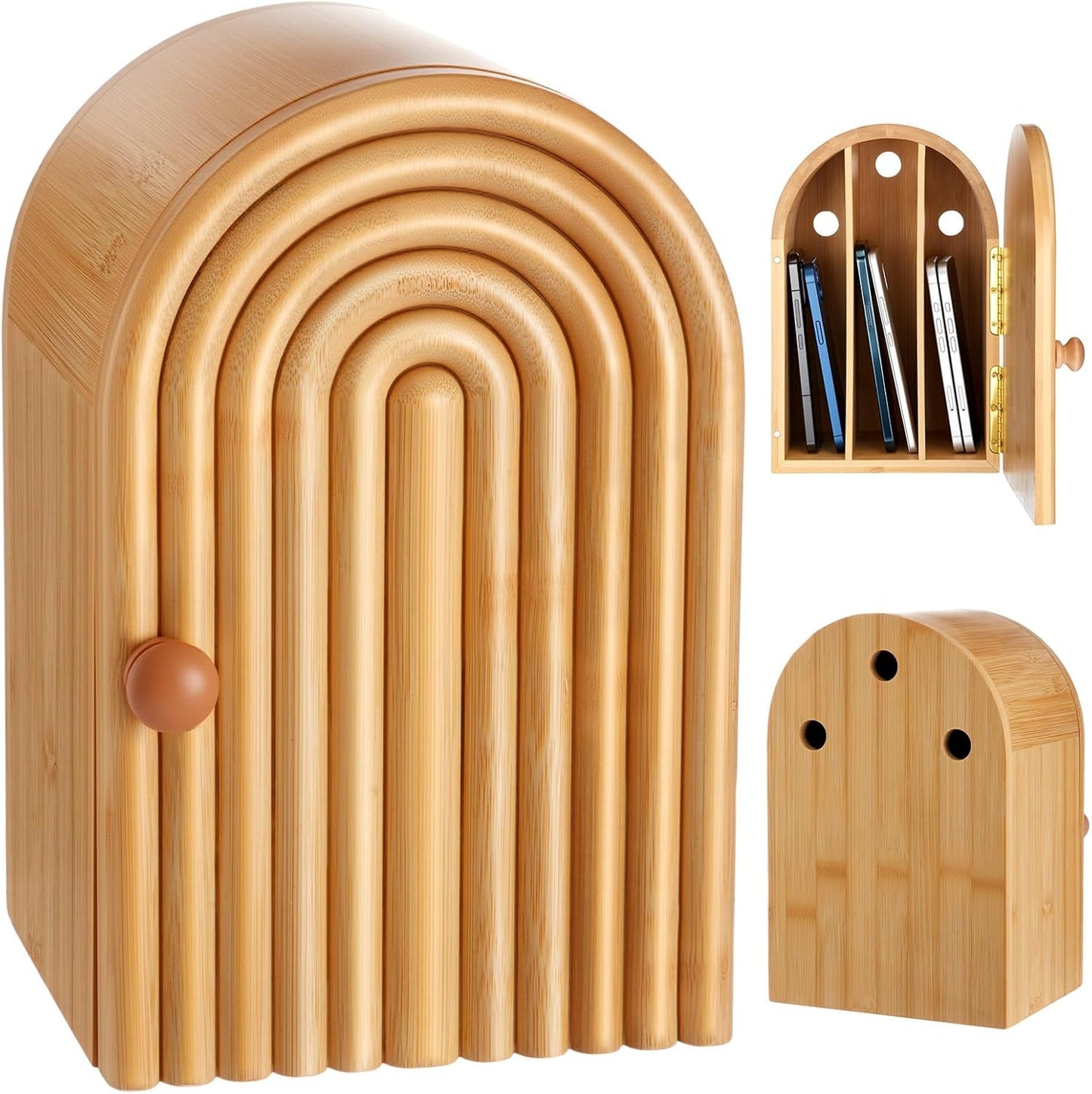 Bamboo Phone Box for Family Time, 6 Phones 3 Slots, Door-Shaped