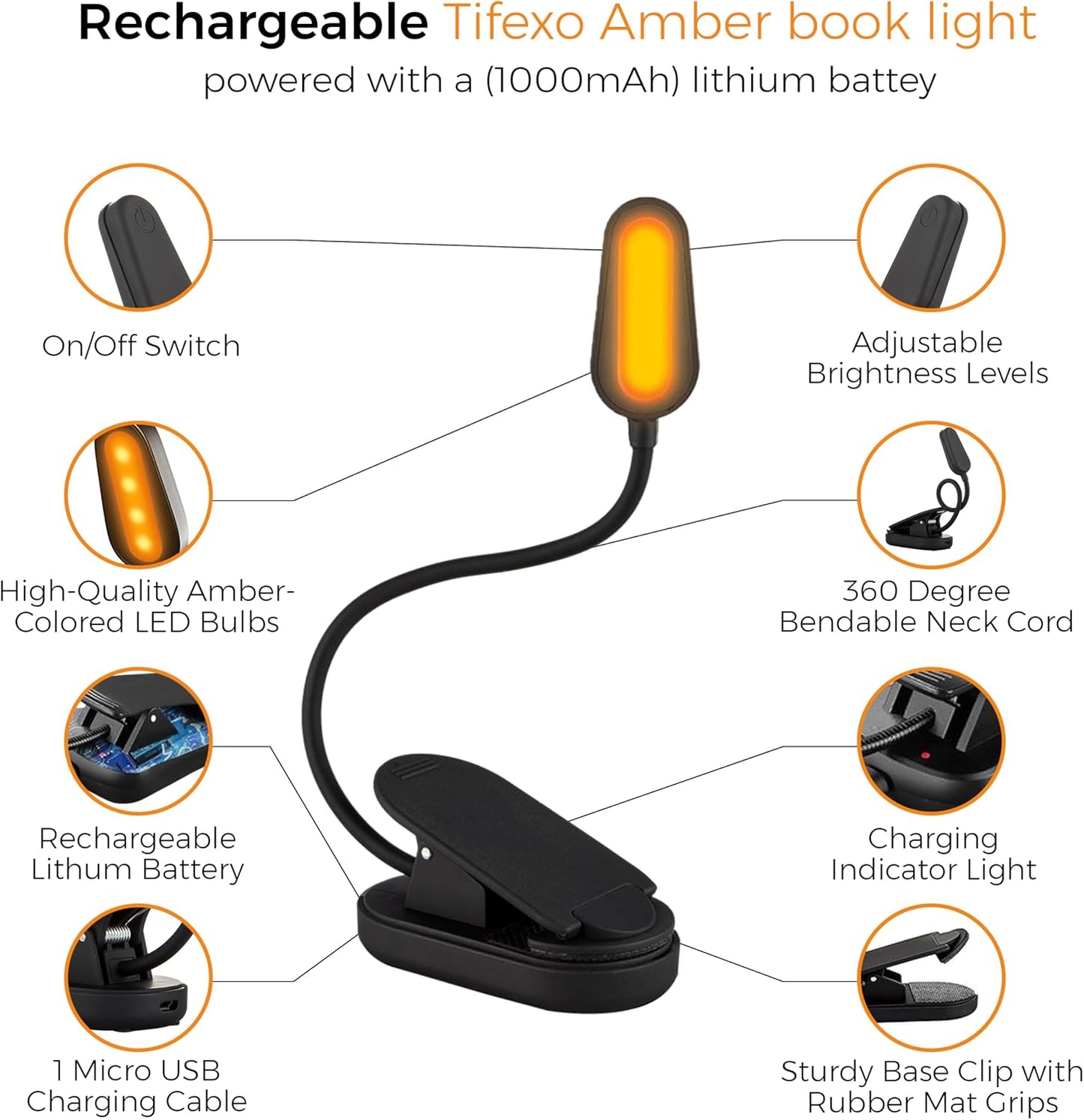 2025 Amber Lights for Reading Books in Bed - Rechargeable Clip On Amber LED Light with USB Cable, Optimal Eye-Care Lights for Relaxing Reading