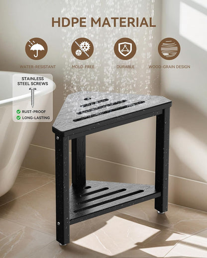 Shower Foot Rest 15in, HDPE Waterproof Shower Stool for Inside Shower, Corner Shower Stool for Shaving Legs with Storage Shelf for Small Space, Shower Step Stool, Plastic Corner Shower Bench, White