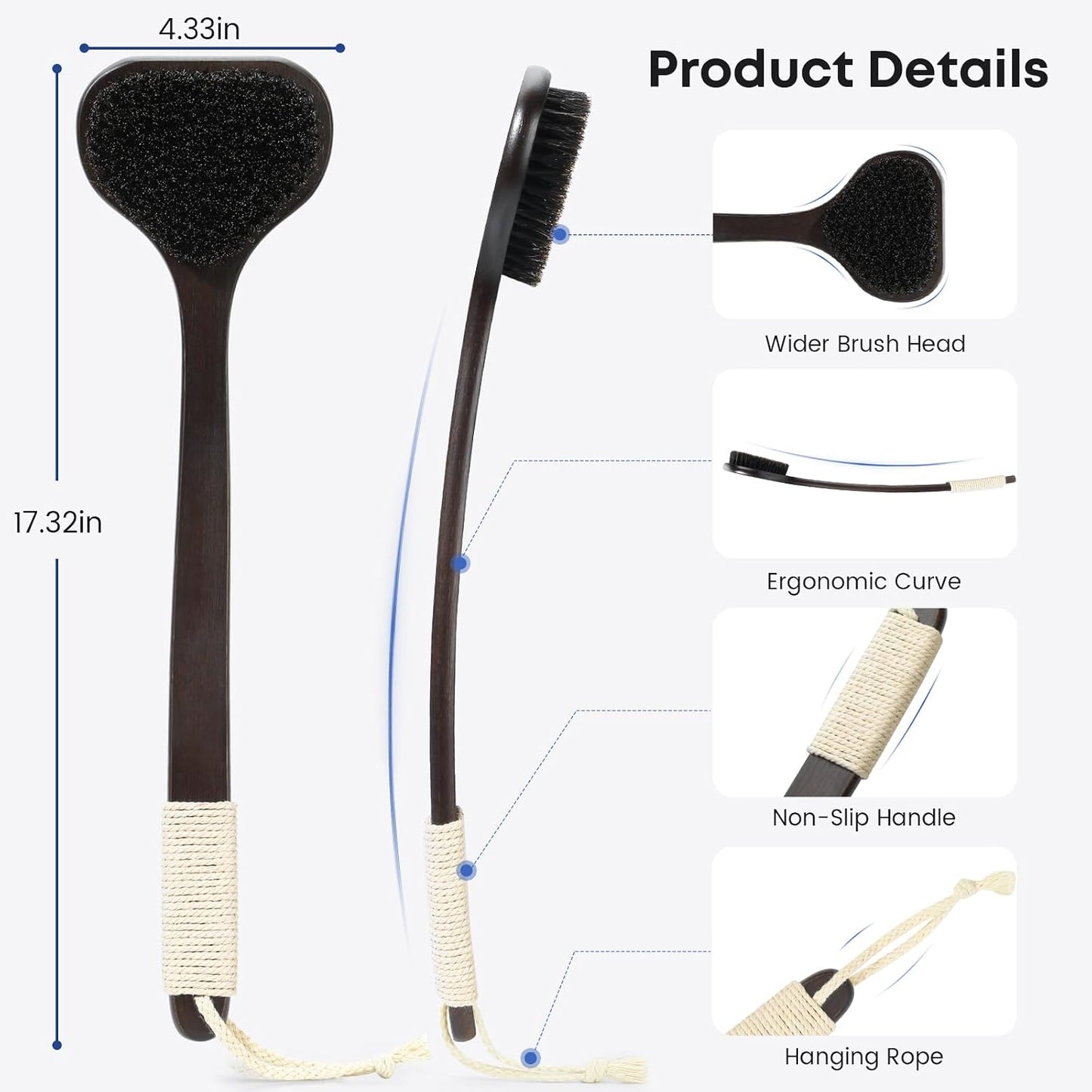 eaxun Bamboo Back Scrubber with Curved Long Handle, 17.3 Inches Exfoliating Shower Brush with Stiff Bristles for Men and Women, Back Washer Body Exfoliator for Bath or Dry Brushing