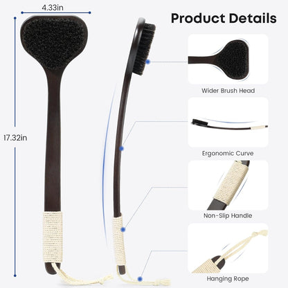 eaxun Bamboo Back Scrubber with Curved Long Handle, 17.3 Inches Exfoliating Shower Brush with Stiff Bristles for Men and Women, Back Washer Body Exfoliator for Bath or Dry Brushing