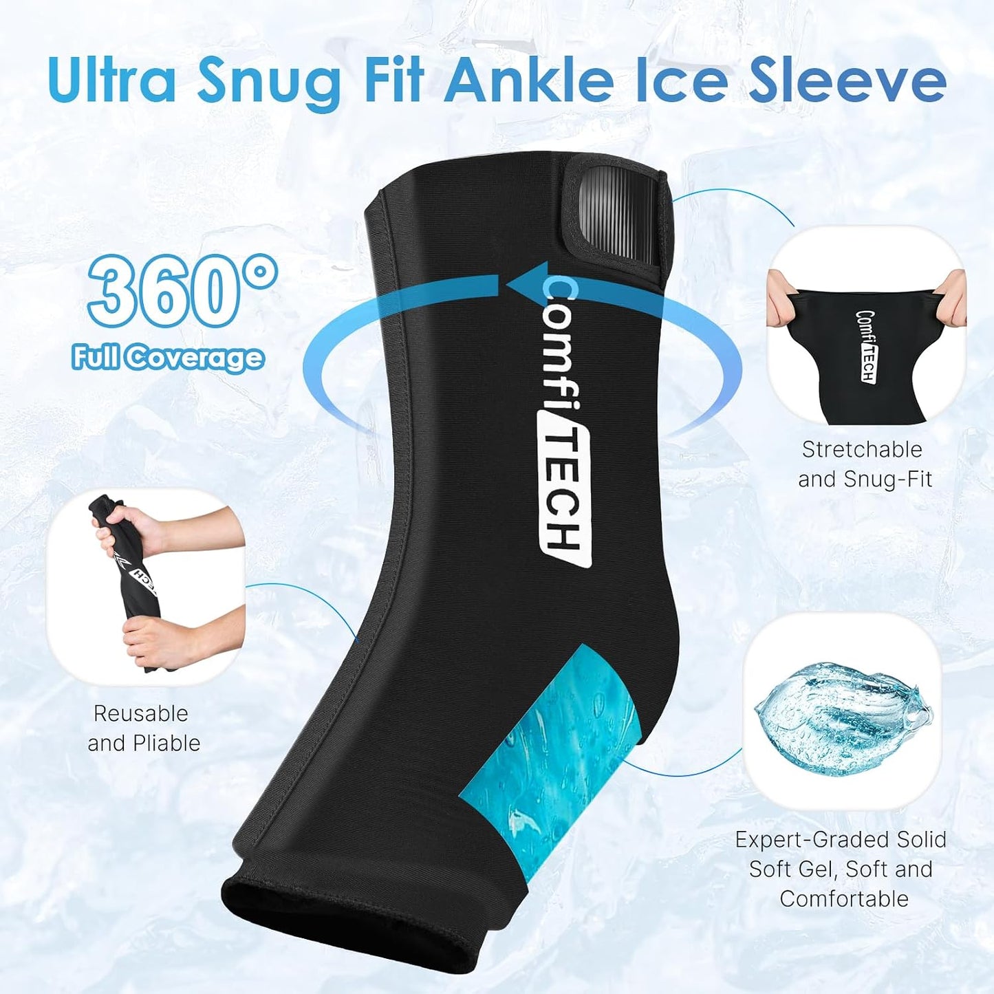 Comfitech Ankle Ice Pack Wrap Sleeve with Large Opening, Reusable Gel Cold Pad for Foot and Heel, X-Large