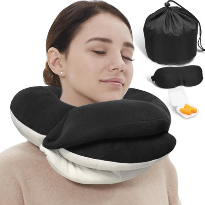 BUYUE Travel Neck Pillows for Airplanes, Memory Foam 360° Head Support Sleep for Long Flight, Skin-Friendly & Breathable, Kit with Eye Mask, Earplugs and Storage Bag (Adult, Grey, 90+ lbs)
