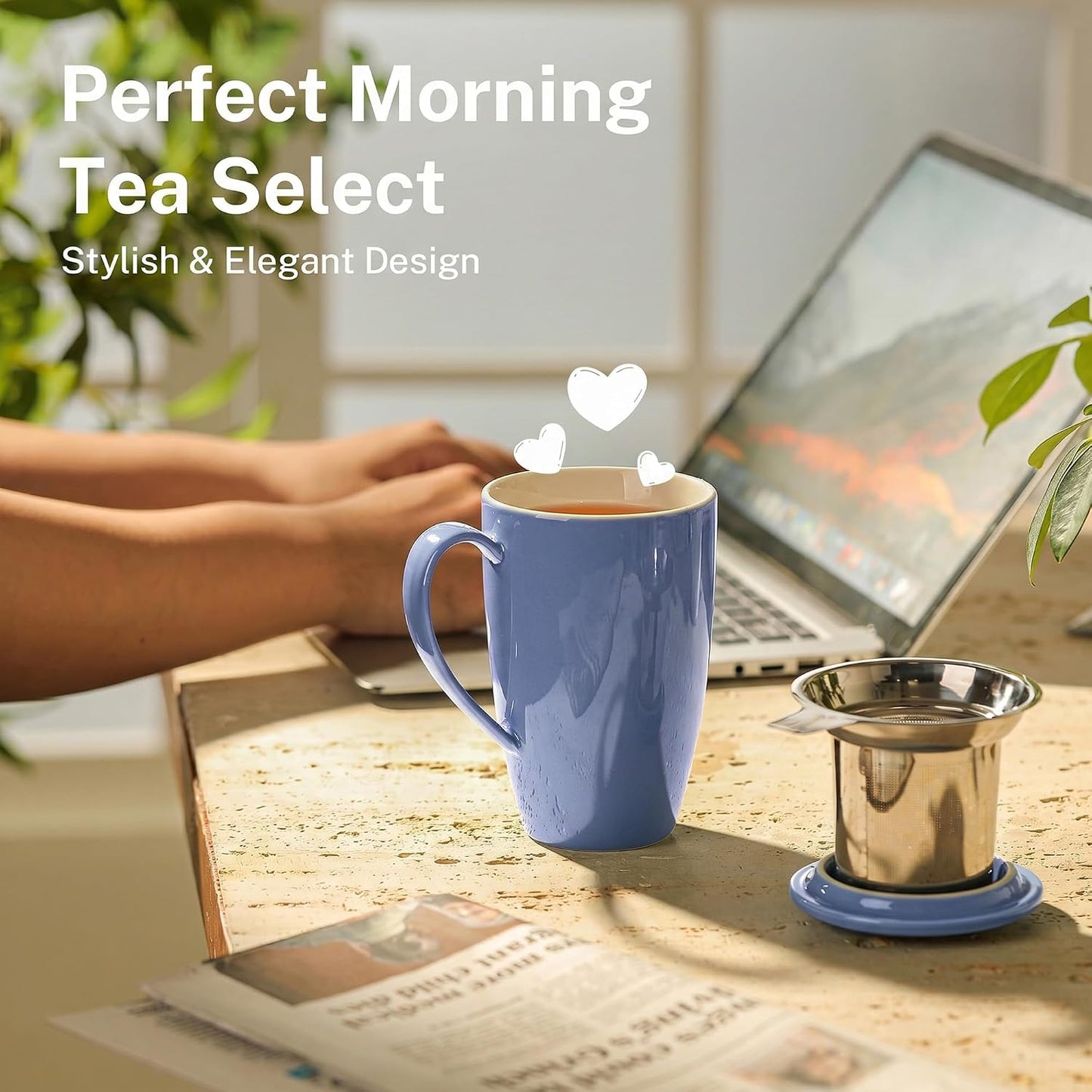 Sweese 15oz Porcelain Tea Mug with Infuser and Lid – Microwave Safe, Ergonomic Handle, Lead-Free Glaze, for Loose Leaf Tea
