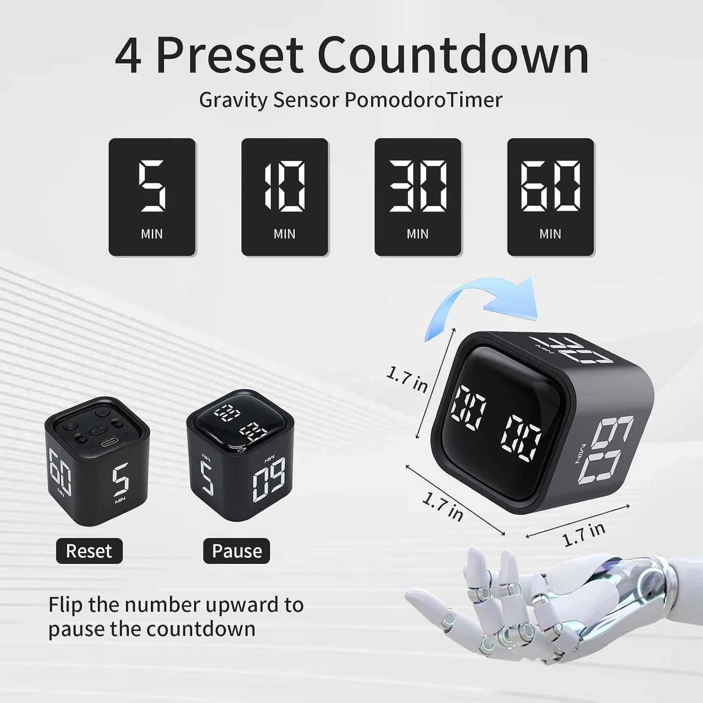 Productivity Timer Flip Gravity Sensor Cube Timer Countdown & Countup,Mute & Vibrate & Sound，5/10/30/60min & Custom Timing, Perfect for ADHD,Work,Learning,Kitchen Cooking (1White)