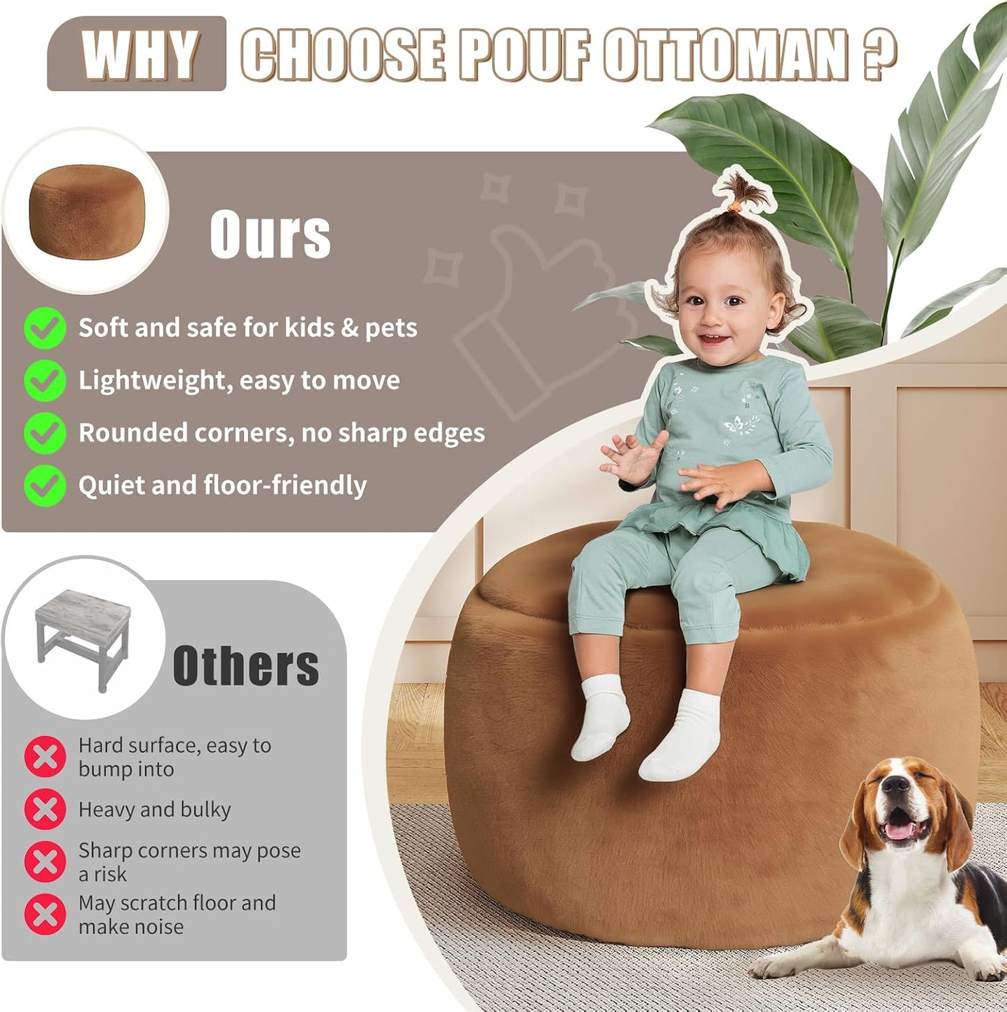 Round Stuffed Pouf Ottoman Foot Rest, Faux Fur Poufs with Memory Foam Filling, Ottomans for Living Room, Nursery, Dorm, Soft Foot Stool Ottoman for Couch, Perfect for Resting Your Feet (Grey, 20 Inch)