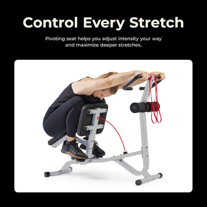 Sunny Health & Fitness Full Body Stretch Machine for Home Gym, Back Stretcher & Flexibility Trainer with Pivoting Seat, Foam Rollers, Safety Straps, Handlebar & SunnyFit App
