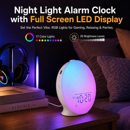 JALL Sunrise Alarm Clock White Noise Machine with 25 Nature Sleep Sounds, Fully Dimmable Clock for Bedrooms, Heavy Sleepers, 17 Light Modes, Bluetooth Speaker