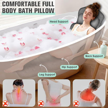 Upgraded Full Body Bath Pillow for Bathtub,Luxury Thick Bath Cushion for Soaking Tub with 192 Suction Cups,Full Body Bathtub Pillows for Head and Neck Shoulder Support,4D Air Mesh, 53" x 16" Dark Gray