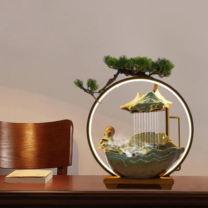 Mini Artificial Bonsai Tree Waterfall Fog Feature Rock Tabletop Fountain | 11in Desktop Decor Waterfall Fountain W/ Water Pump& Atomizer&LED Lights &Fake Tree Office Bedroom Relax