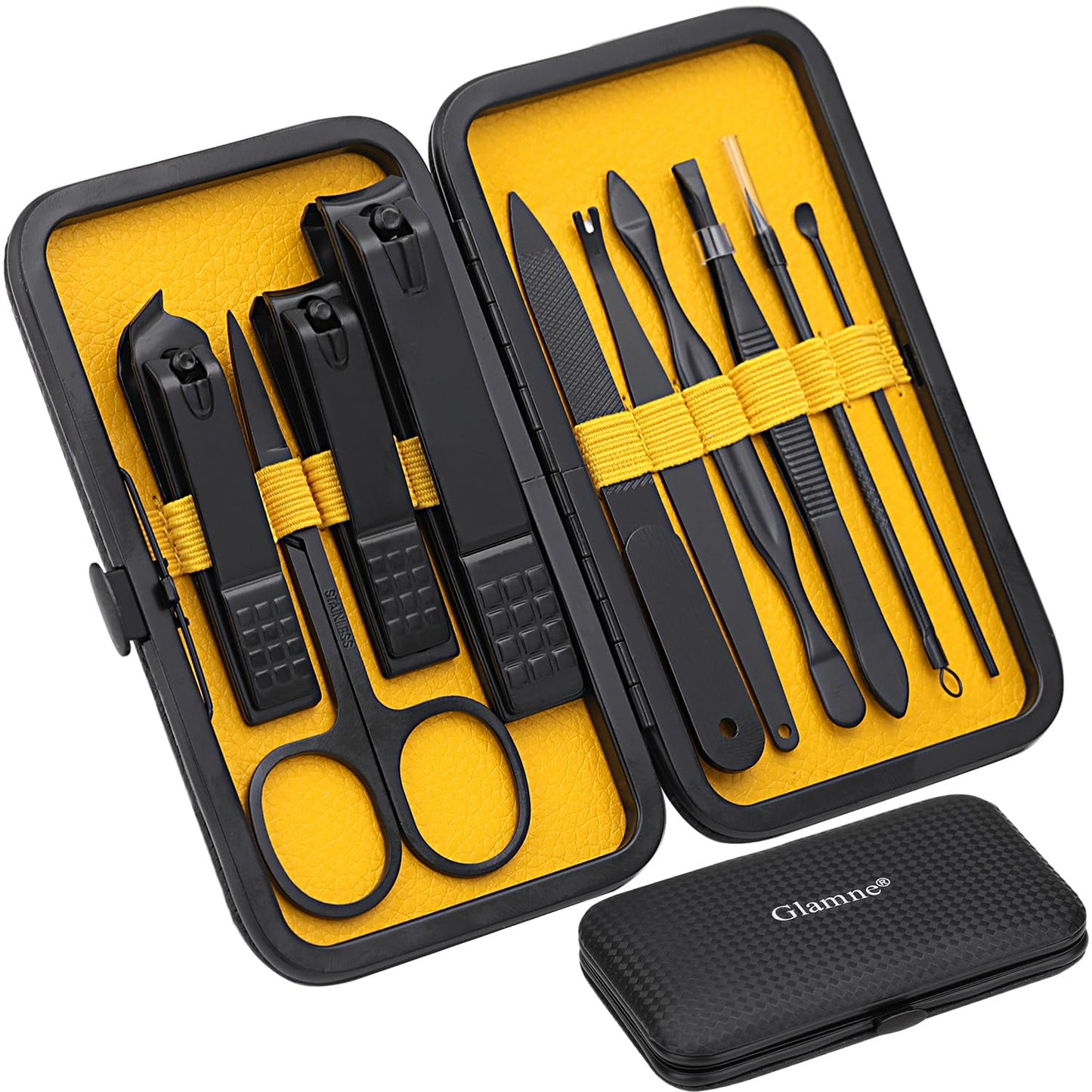 Glamne Manicure Set Nail Clippers Kit Professional Stainless Steel Nail Care Tools with Leather Travel Case 10 in 1 Black