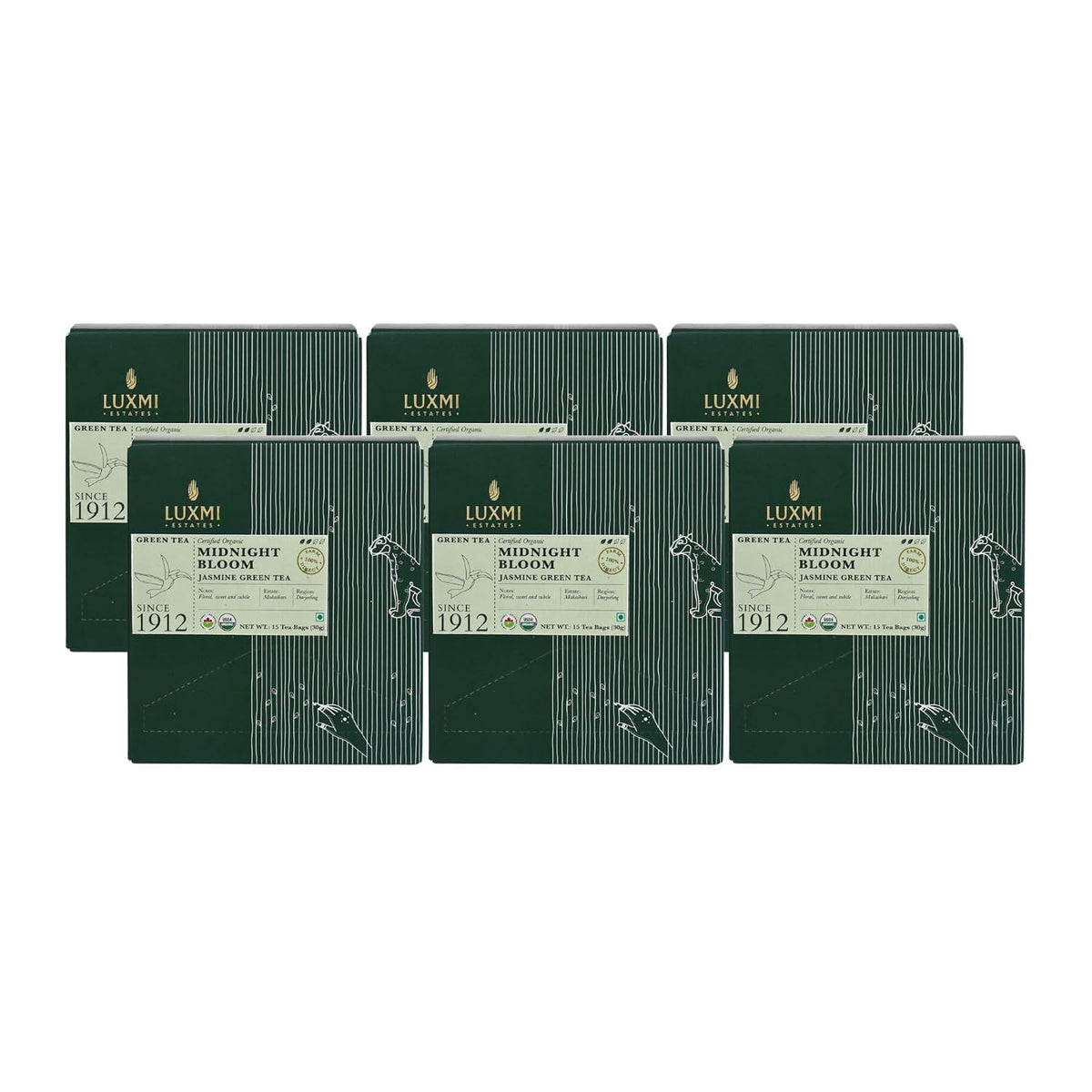Luxmi Estates Midnight Bloom Organic Jasmine Tea (90 Tea Bags) Mildly Caffeinated Tea Bags For Relaxing, Calming, and Stress Relief, With Certified Organic Darjeeling Makaibari Green Tea