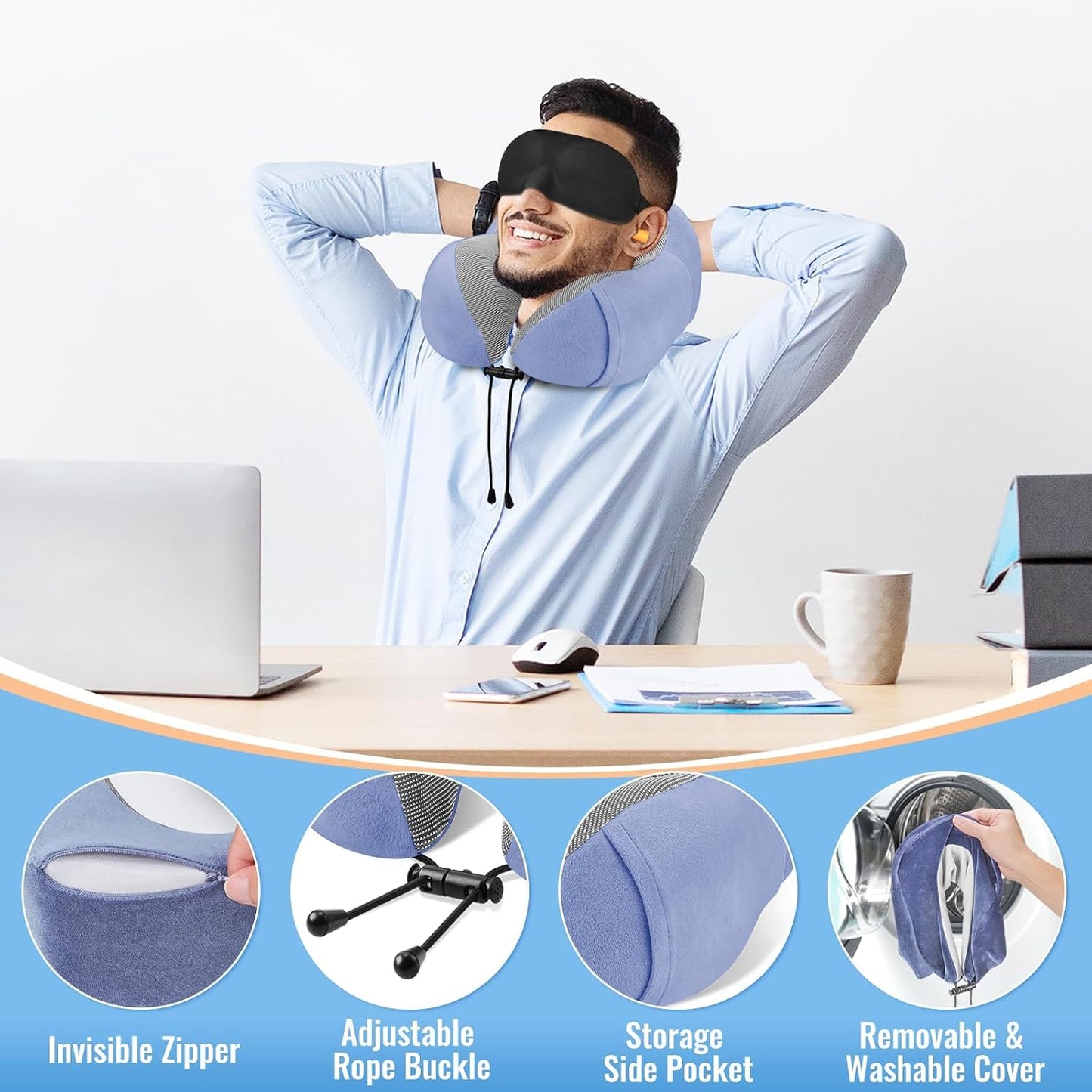 CloudBliss Travel Pillow for Airplane, Memory Foam Neck Pillow for Travel, Compact Flight Pillow with Eye Mask, Earplugs, Carry Bag, Travel Neck Pillow for Long Flight Sleep, Plane Accessories, Black