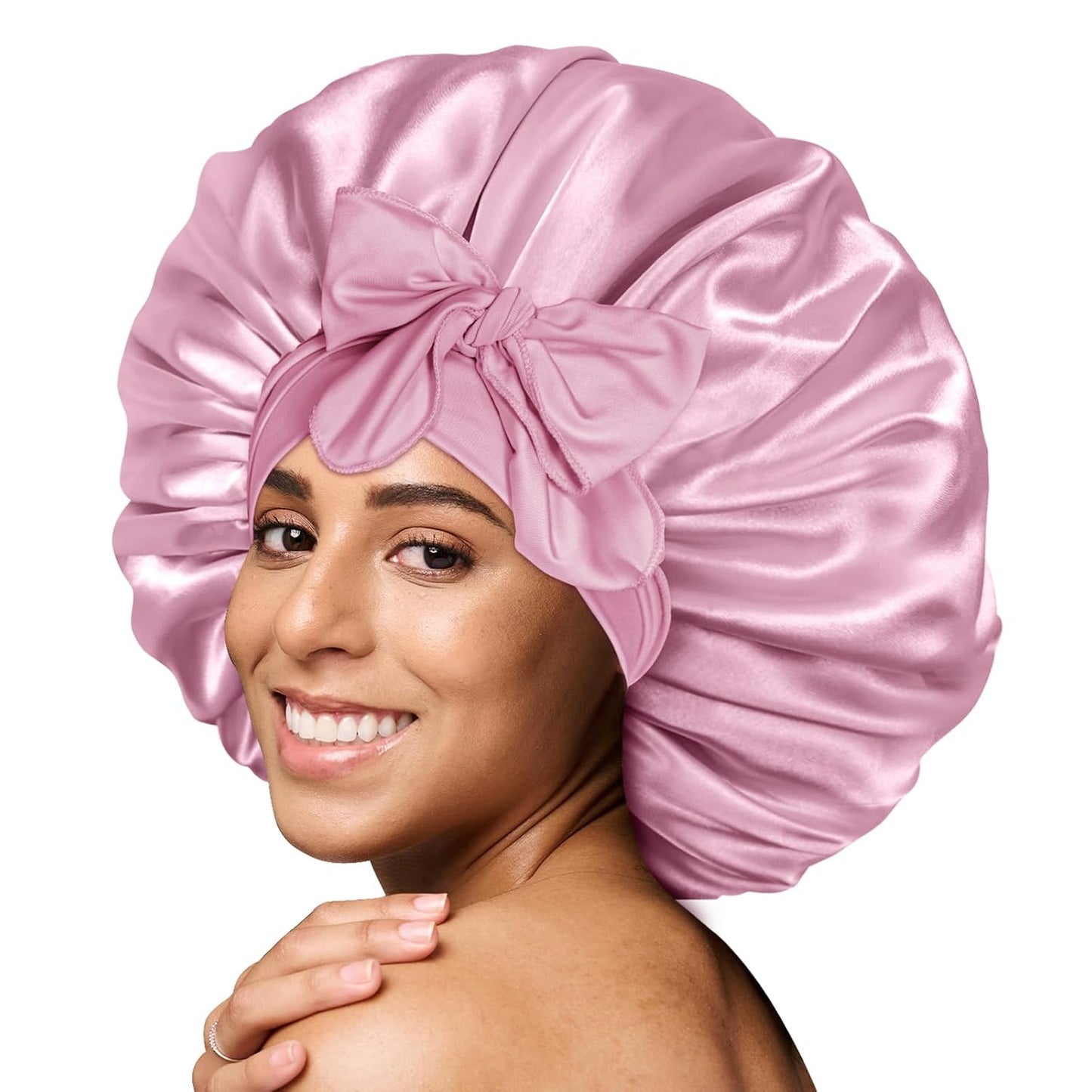 BONNET QUEEN Silk Bonnet for Sleeping for Women Satin Bonnet Night Cap for Curly Hair with Tie Band, Single Layer, Cream Pink
